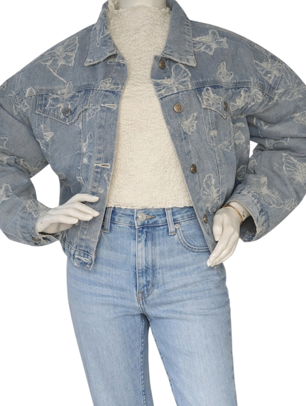 NWOT POL Butterfly Embroidered Denim Jacket L Soft Feminine Boho